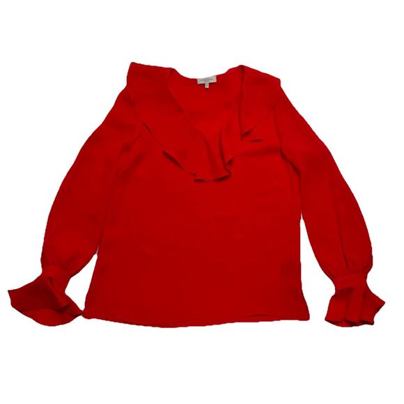 Lafayette 148 100% Silk Red Blouse Top Womens Size S Shirt Ruffled Collar Poet - Picture 1 of 12